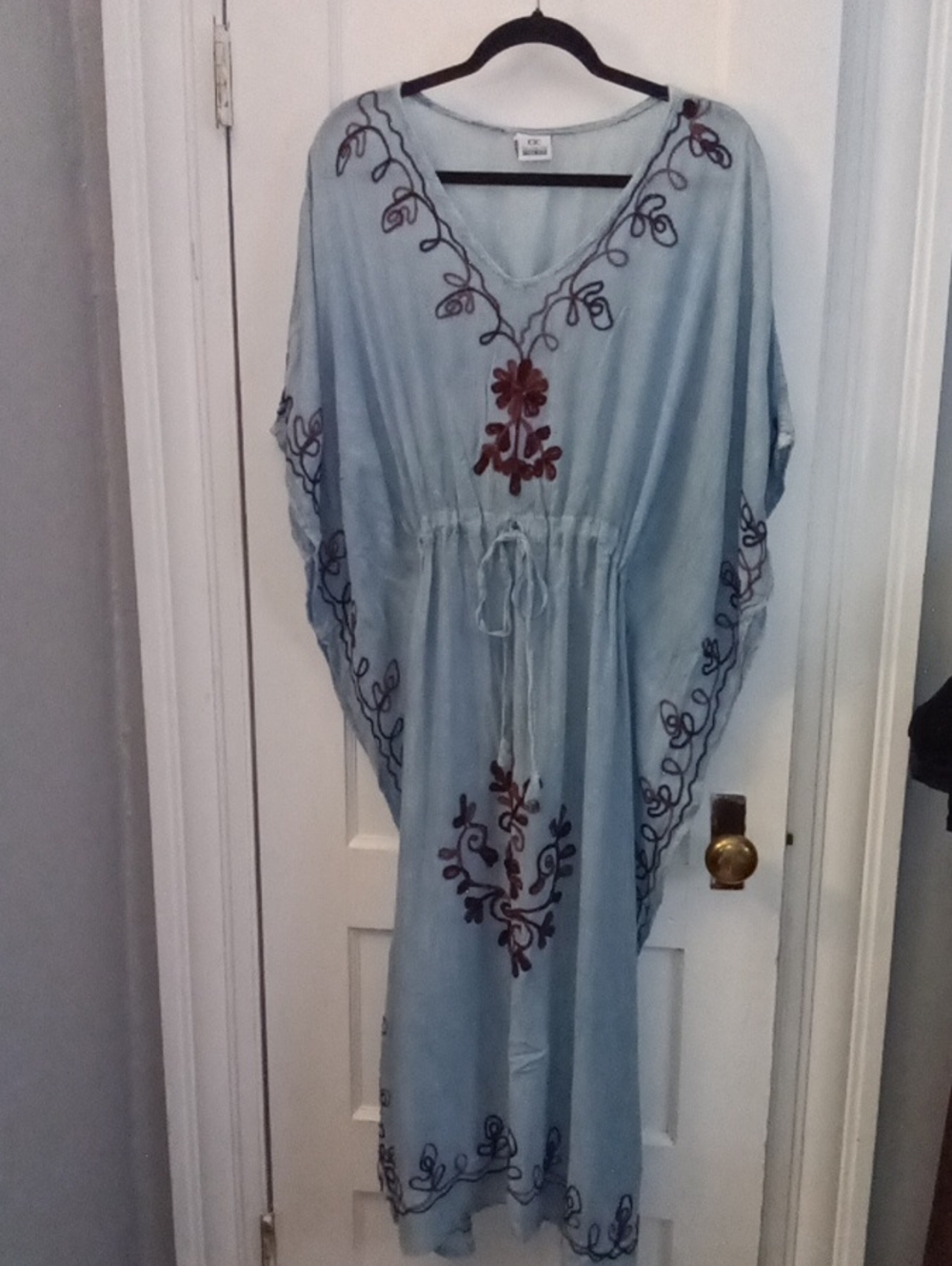 Boho Embroidered V-Neck Maxi Dress in Light Blue